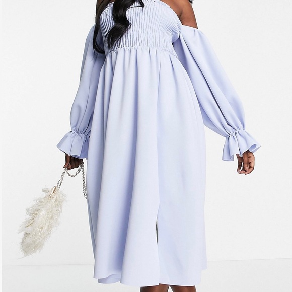 ASOS design shirred bardot blouson sleeve midi prom dress in baby blue - Picture 5 of 5